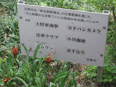 京都駅前の歩道の花壇の写真"